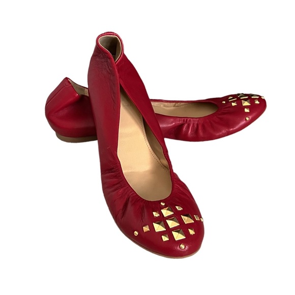 J Crew Red Leather Cece Gold Pyramid-Studded Ballet Flats Size 8